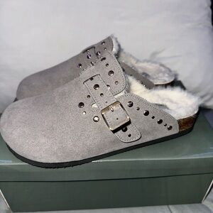 GREYSTONE- gray Suede Buckle Clogs with Fur Lining